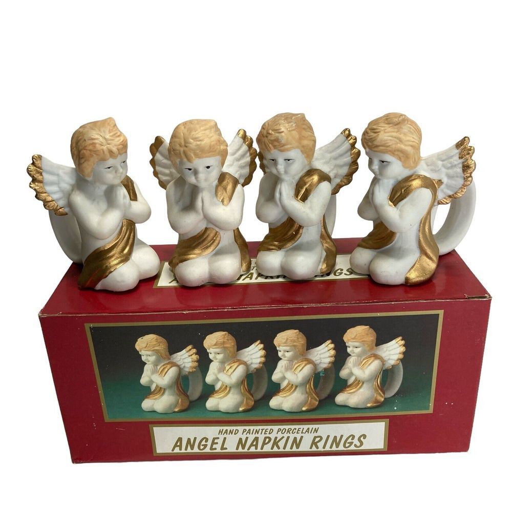 Christmas Angel Napkin Rings 4 Hand Painted Porcelain White Gold Vtg